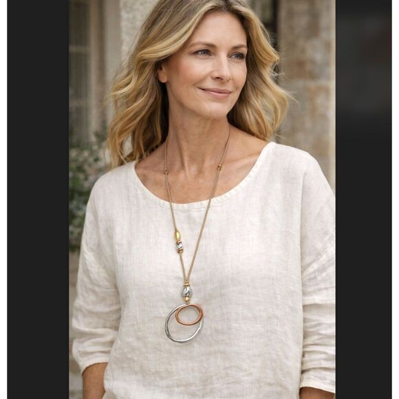 J. Jill Jewelry - J Jill Mixed Metal Necklace Adjustable Cord Double Circle Pendant Boho Artisan